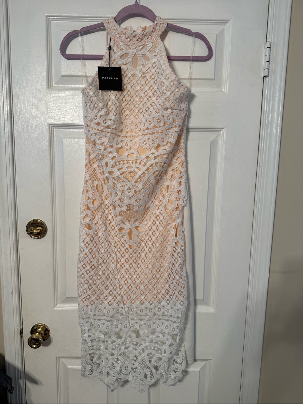 Parisian Works Cream and White Lace Halter Midi Dress